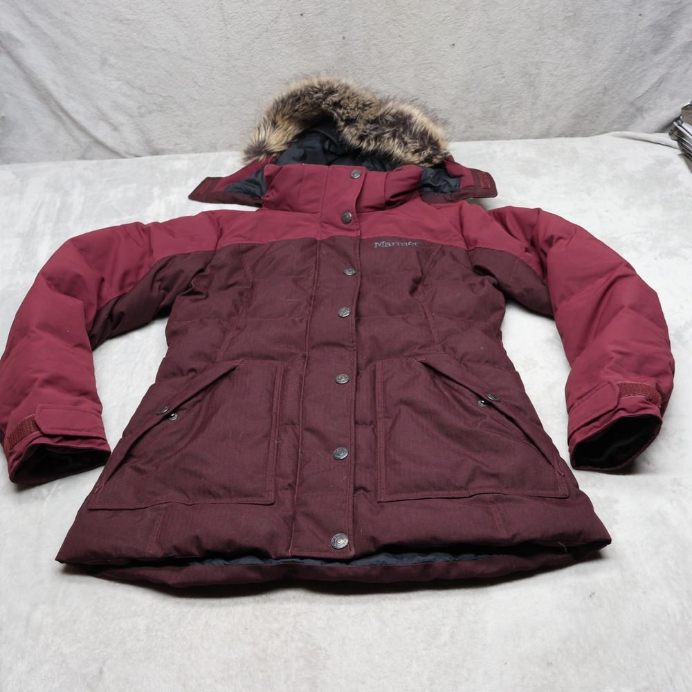 Marmot Down Jacket Women Small Red Southgate Insulated 700 Fill Faux Fur Trim